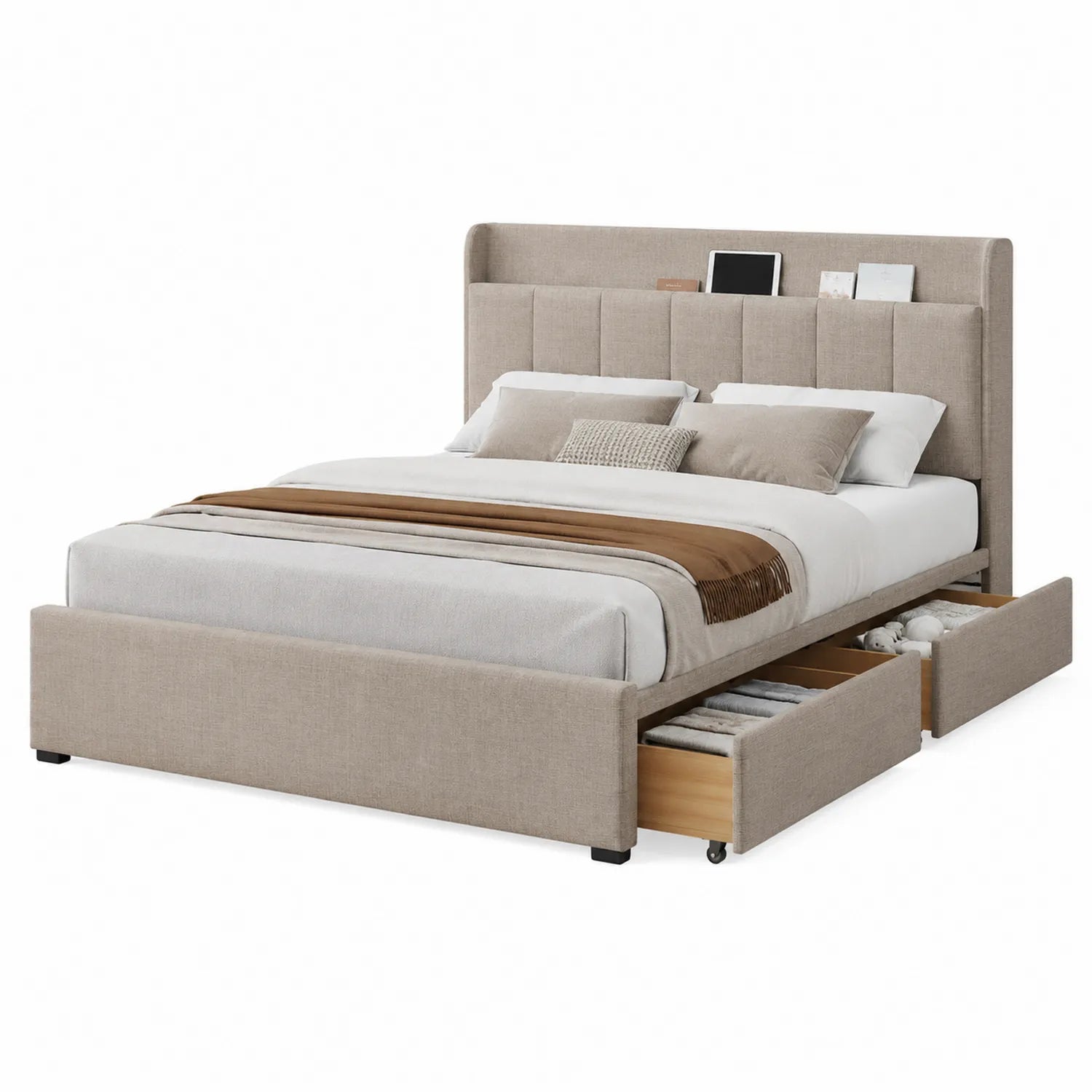 Bettgestell mit Stauraum Schubladen Stoff Beige 200x160 cm