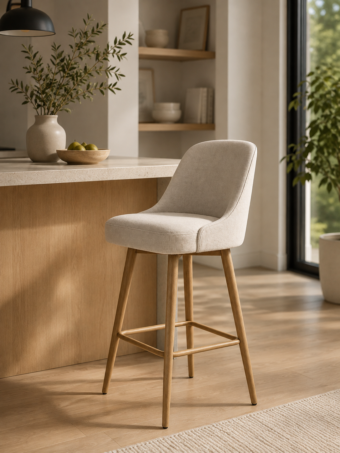 Barhocker Stoff Beige Eichenholz Höhe 105 cm