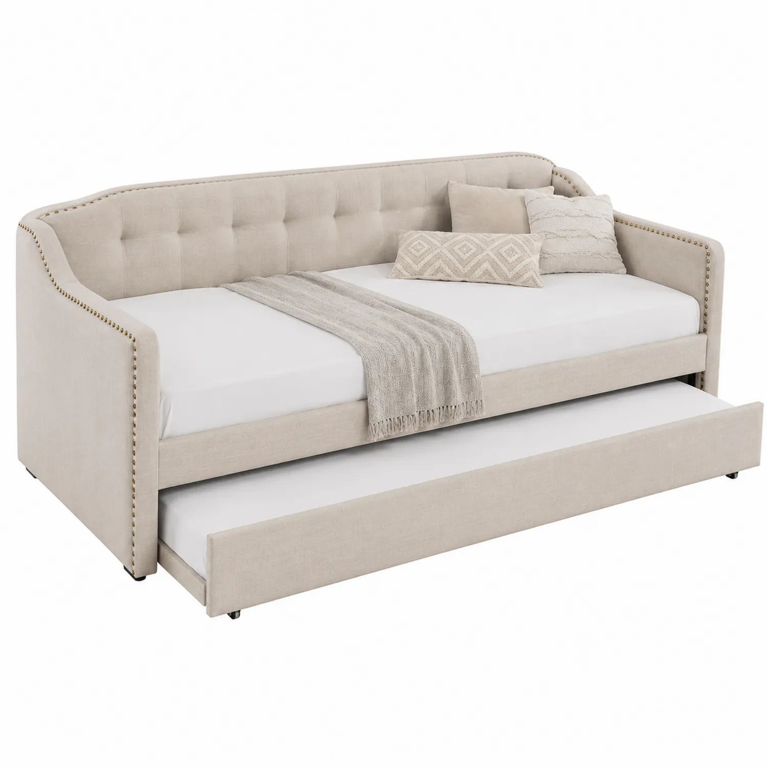 Tagesbett mit Ausziehfunktion Stoff 200x90 cm Beige