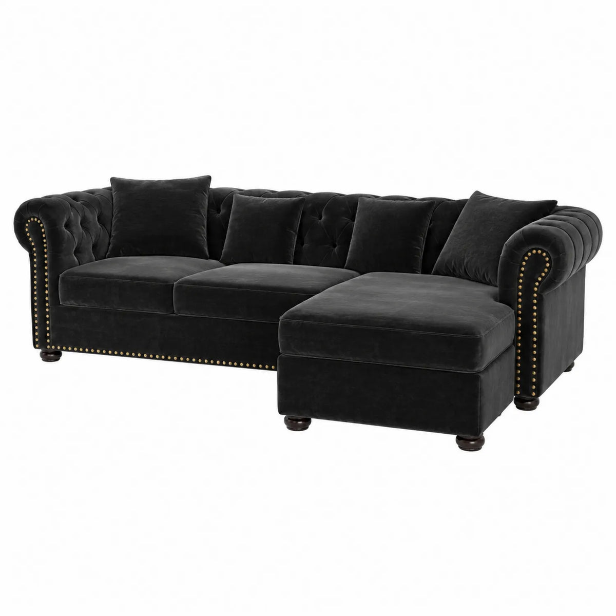Schwarzes Samt-Ecksofa mit Nieten und abnehmbaren Kissen