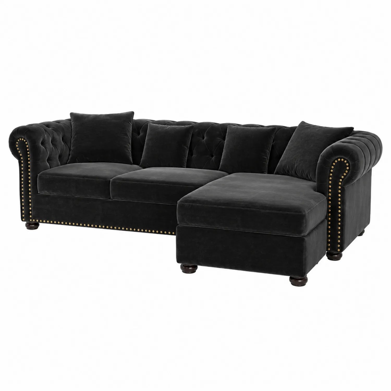 Schwarzes Samt-Ecksofa mit Nieten und abnehmbaren Kissen