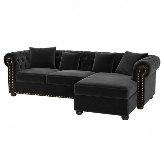 Schwarzes Samt-Ecksofa mit Nieten und abnehmbaren Kissen