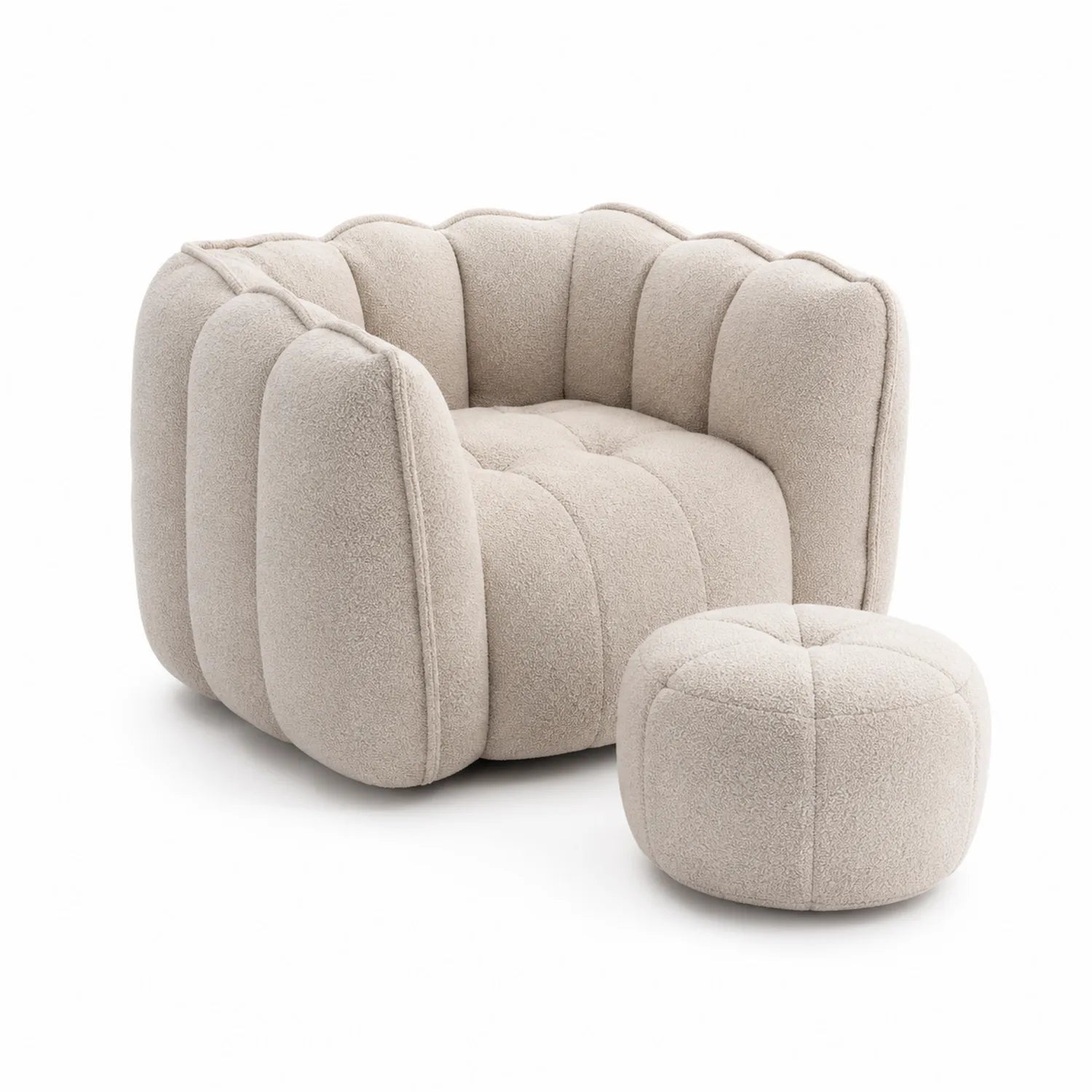 Bouclé Sessel mit Hocker Set Creme