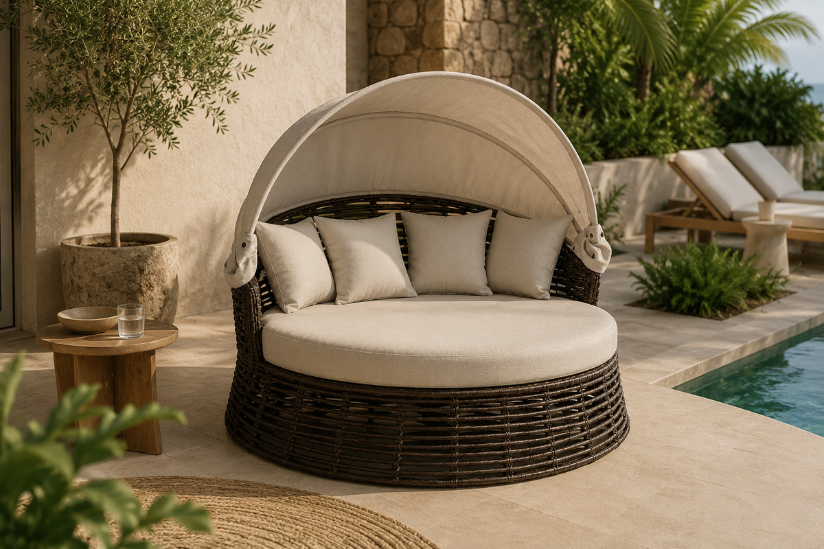 Runde Rattan-Gartenliege mit Sonnendach und Kissen Beige