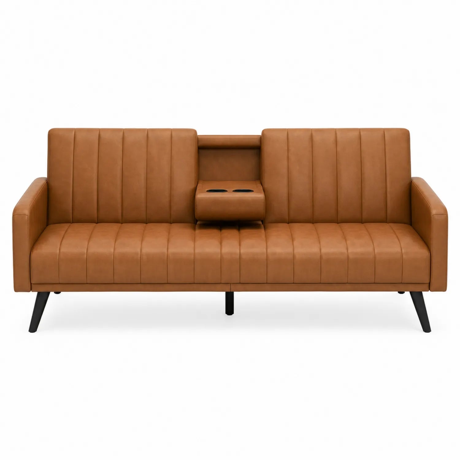 Schlafsofa mit Leder, Klappbarer Rückenlehne und Becherhalter, Braun, 200 cm