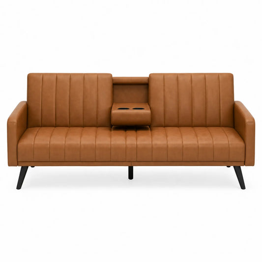 Schlafsofa mit Leder, Klappbarer Rückenlehne und Becherhalter, Braun, 200 cm