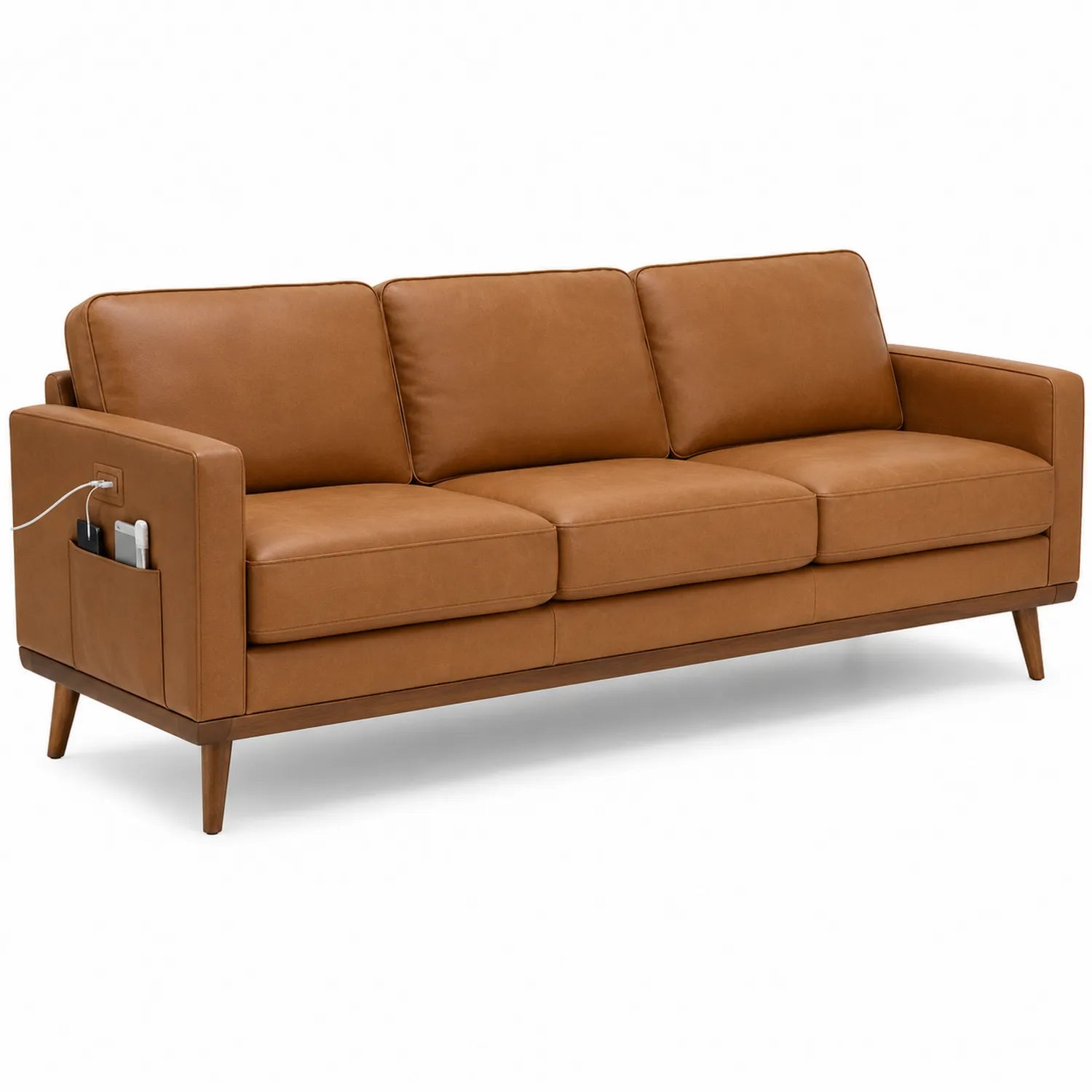 3-Sitzer Ledersofa in Braun mit USB-Anschluss und Stauraum