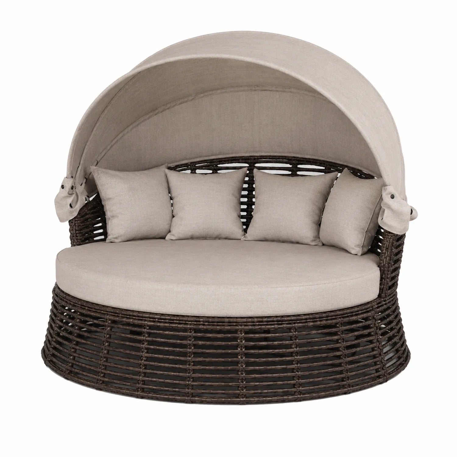 Runde Rattan-Gartenliege mit Sonnendach und Kissen Beige