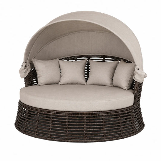 Runde Rattan-Gartenliege mit Sonnendach und Kissen Beige