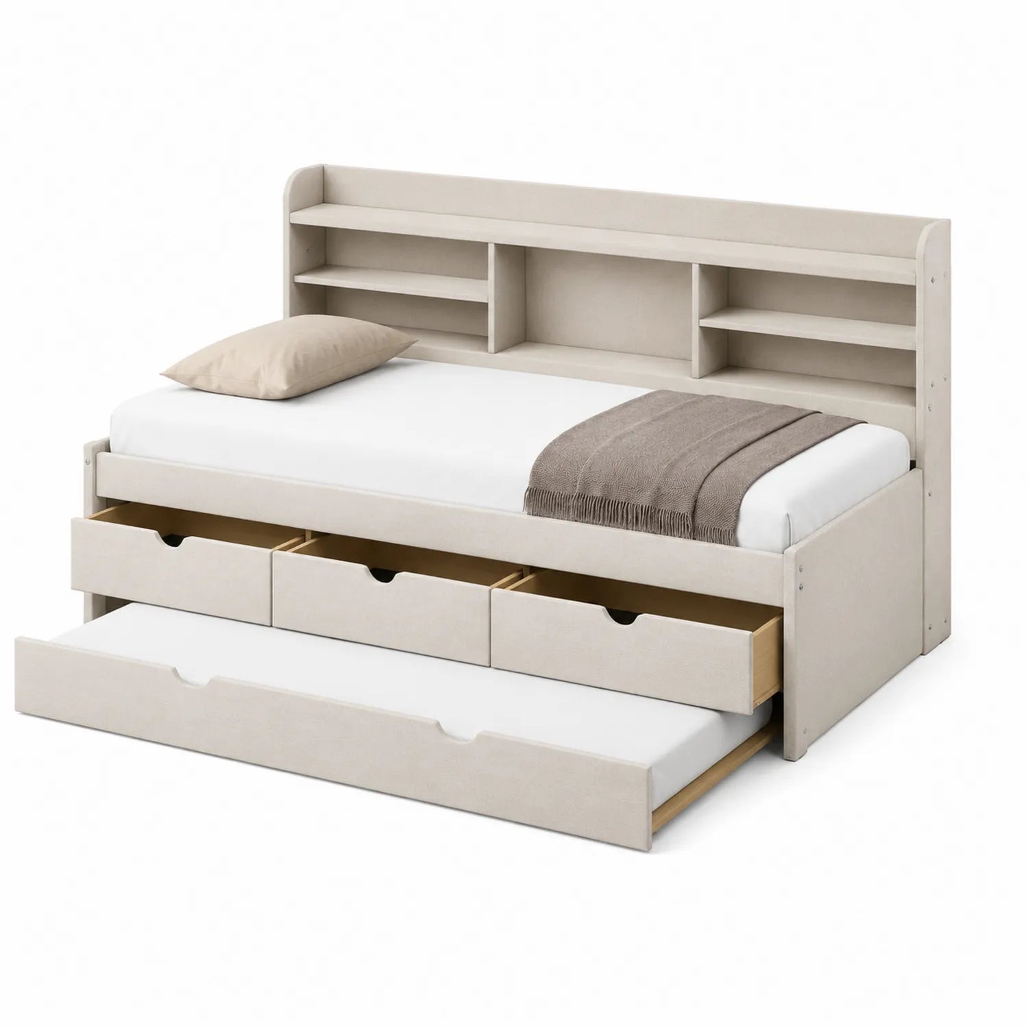 Multifunktionales Tagesbett aus Holz mit Regal und Schubladen in Beige