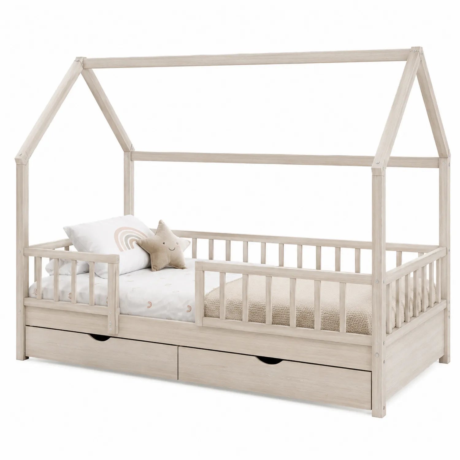 Kinderhausbett aus Kiefernholz mit Fallschutz und Schubladen 90x200 cm Natur
